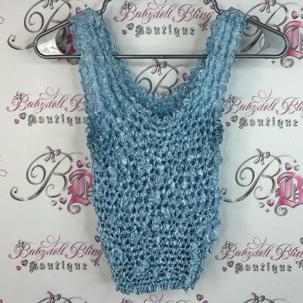 Bubble tank top y2k one size fits all stretchy shiny Blue Textured Sleeveless